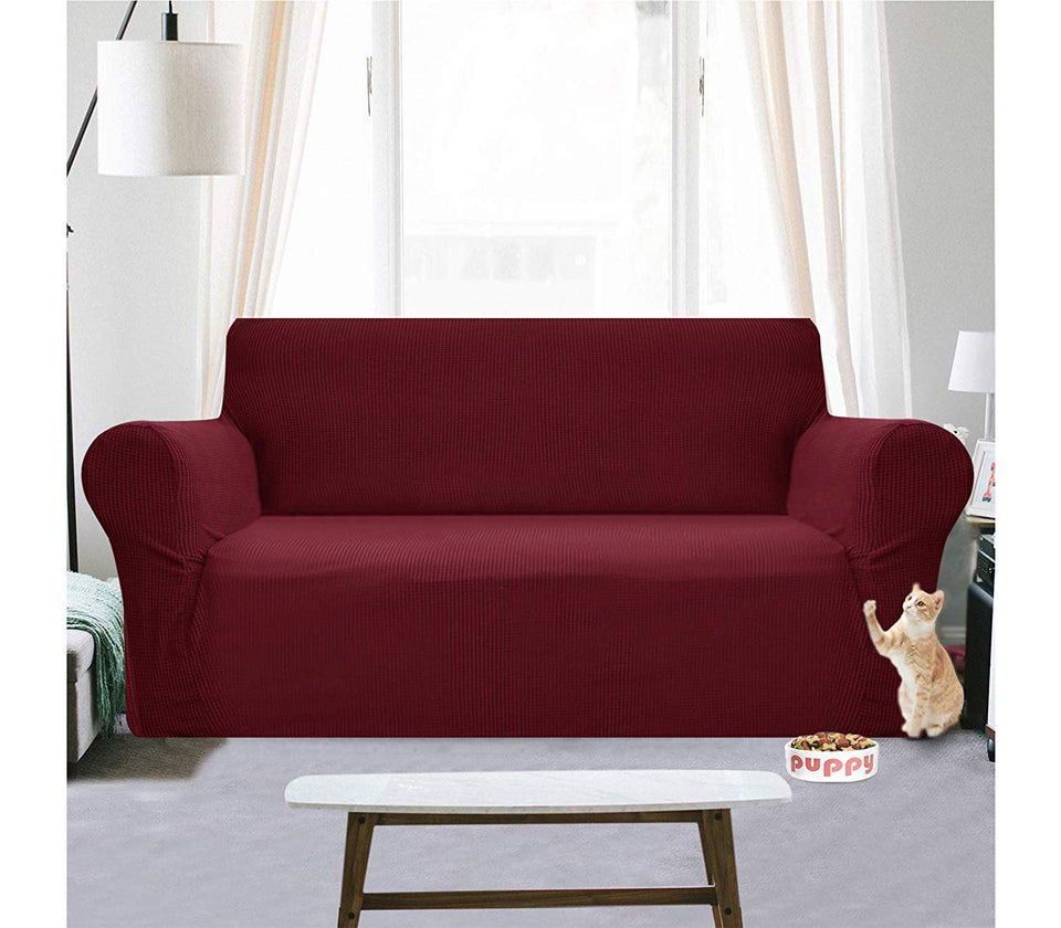 Binztec 1-Pieces Sofa Cover Knitted Jacquard Spandex Sofa Slipcover Stay in Place Super Rich Furniture Cover/Protector, Skid Resistance (Burgundy, Sofa)