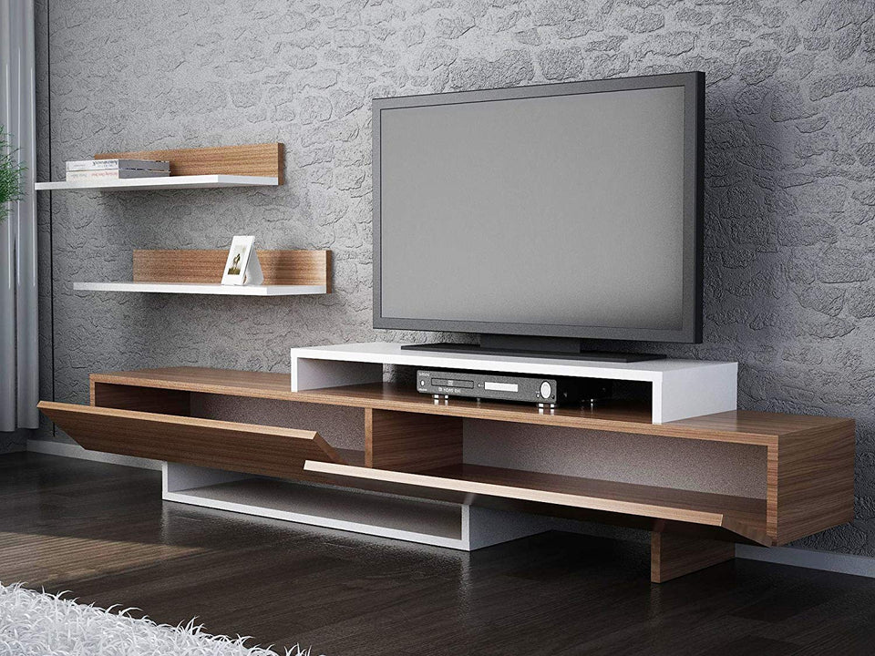 LaModaHome - Unidad de soporte para TV – Madera café blanco útil moderno y elegante soporte de almacenamiento multifunción organiza la decoración de la casa – Muebles para el hogar, oficina, sala de estar