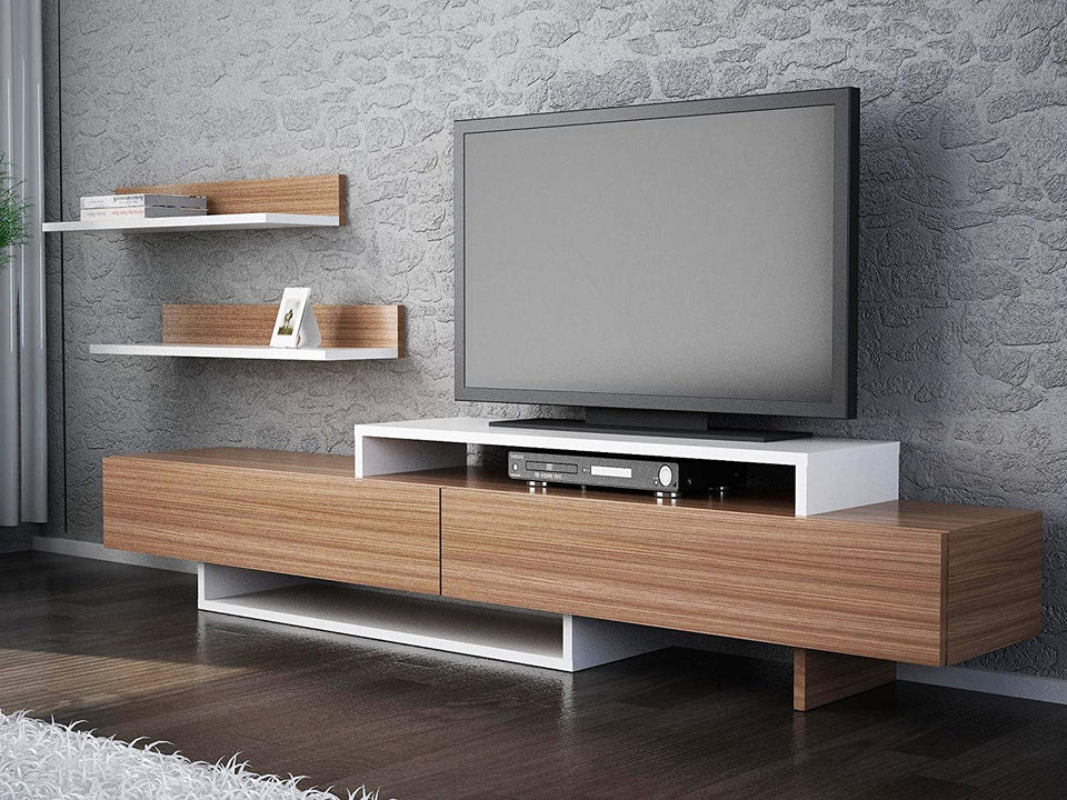 LaModaHome - Unidad de soporte para TV – Madera café blanco útil moderno y elegante soporte de almacenamiento multifunción organiza la decoración de la casa – Muebles para el hogar, oficina, sala de estar