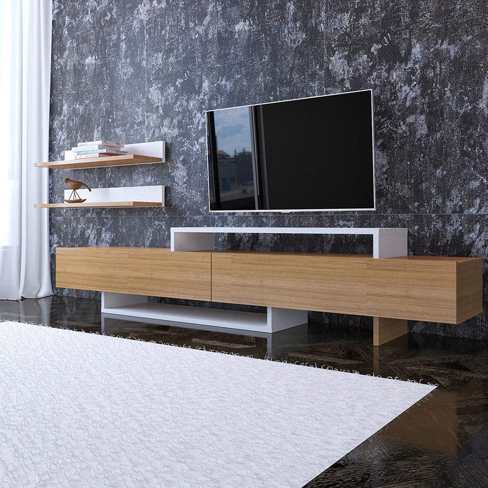 LaModaHome - Unidad de soporte para TV – Madera café blanco útil moderno y elegante soporte de almacenamiento multifunción organiza la decoración de la casa – Muebles para el hogar, oficina, sala de estar